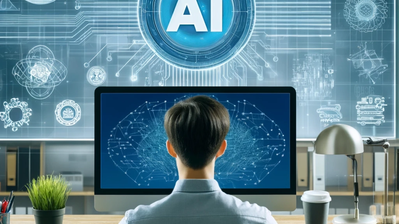 A person studying AI on a computer in a modern office, symbolizing the accessibility of AI certification for enhancing career prospects in a tech-driven world.