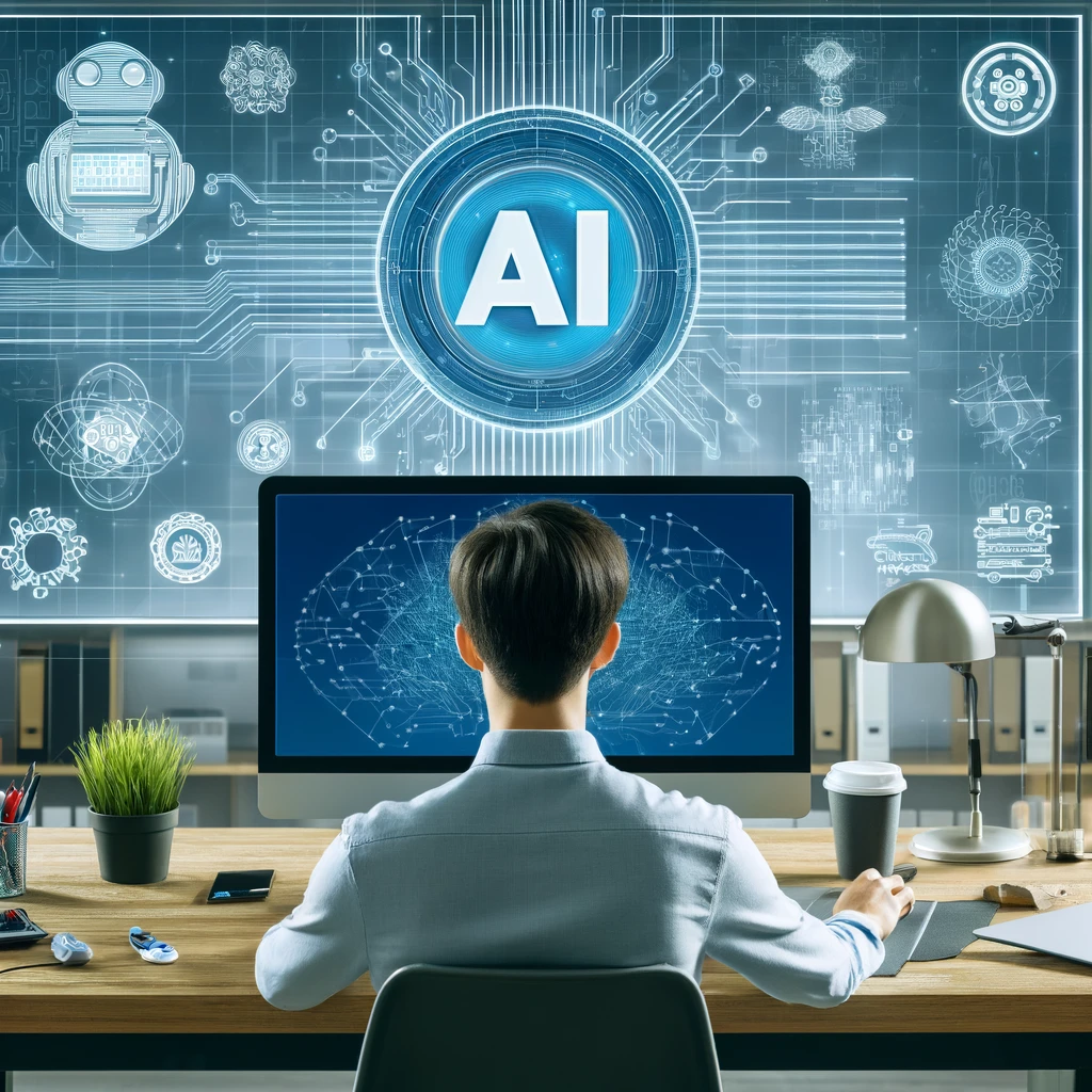 A person studying AI on a computer in a modern office, symbolizing the accessibility of AI certification for enhancing career prospects in a tech-driven world.