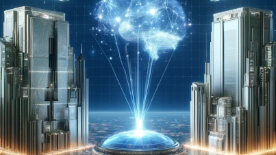 Futuristic cityscape with two towering buildings labeled 'OpenAI' and 'Meta', featuring a holographic brain representing Artificial General Intelligence.