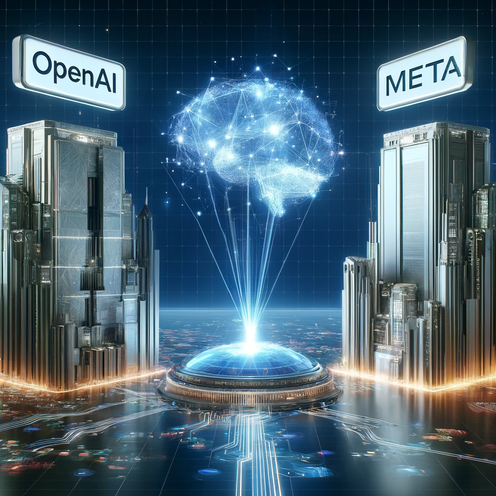 Futuristic cityscape with two towering buildings labeled 'OpenAI' and 'Meta', featuring a holographic brain representing Artificial General Intelligence.