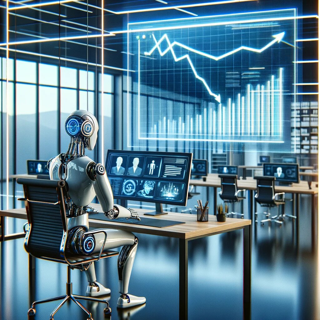 Futuristic office with AI robot working at a computer