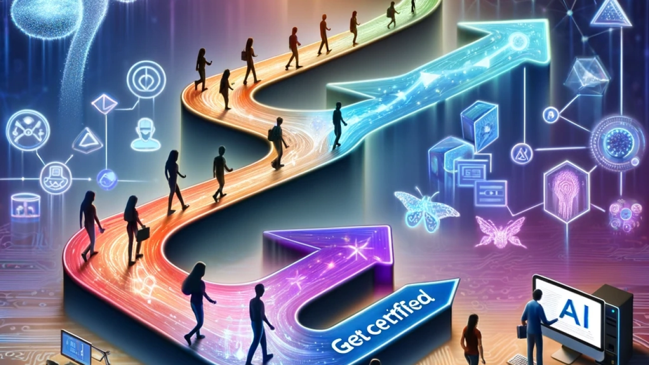 An image representing a journey from novice to expert in AI with GetCertified.ai. It features a gradient path starting from a computer with basic AI symbols, progressing to complex AI elements like neural networks and data graphs, with people advancing in skill along the path. The GetCertified.ai logo is prominently displayed at the top, with a background of technological elements and a supportive community network.