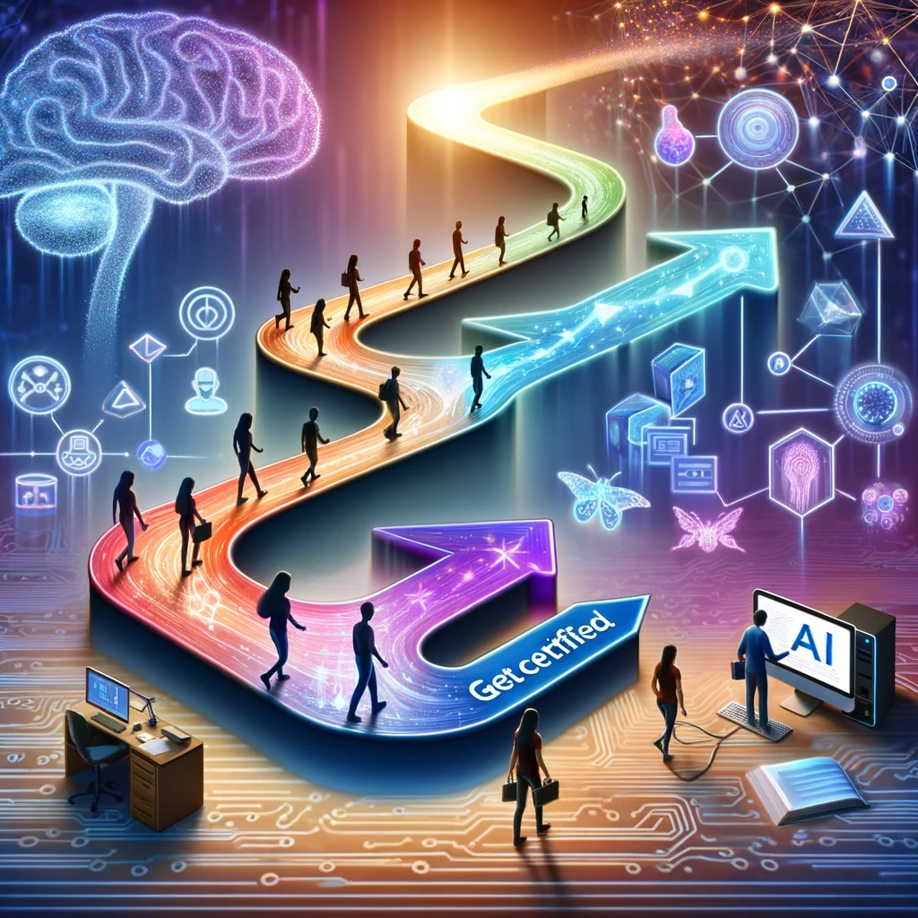 An image representing a journey from novice to expert in AI with GetCertified.ai. It features a gradient path starting from a computer with basic AI symbols, progressing to complex AI elements like neural networks and data graphs, with people advancing in skill along the path. The GetCertified.ai logo is prominently displayed at the top, with a background of technological elements and a supportive community network.