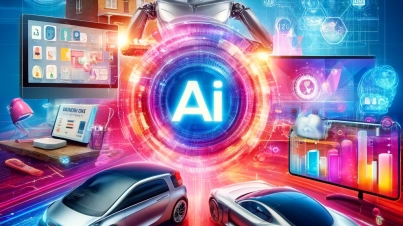 Futuristic collage depicting AI applications in daily life, including a smart home device, an autonomous car, online shopping interface, and a virtual classroom.