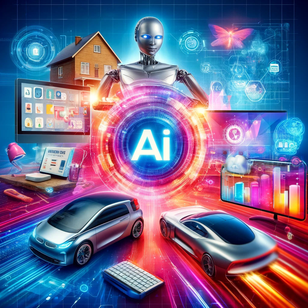 Futuristic collage depicting AI applications in daily life, including a smart home device, an autonomous car, online shopping interface, and a virtual classroom.